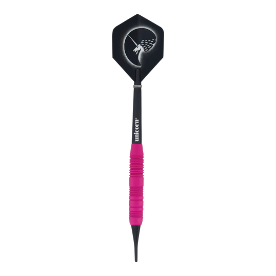 Fléchettes souples Unicorn Core Plus en caoutchouc rose - 19 g Das Bild zeigt einen Unicorn Core Plus Rubberised Pink Softdart mit einem Gewicht von 19 Gramm. Der Dartpfeil hat einen pinkfarbenen, gummierten Griff und eine schwarze Flights mit einem stilisierten Einhorn-Design.