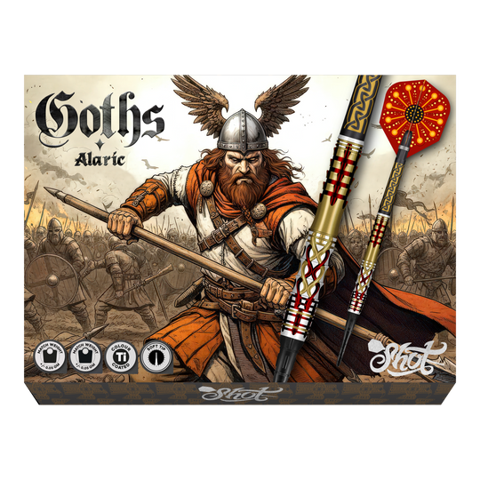 Fléchettes Shot Goths Alaric Soft - 20 g Abgebildet sind Shot Goths Alaric Softdarts mit einem Gewicht von 20g. Die Darts eignen sich perfekt für das Softdart-Spiel.