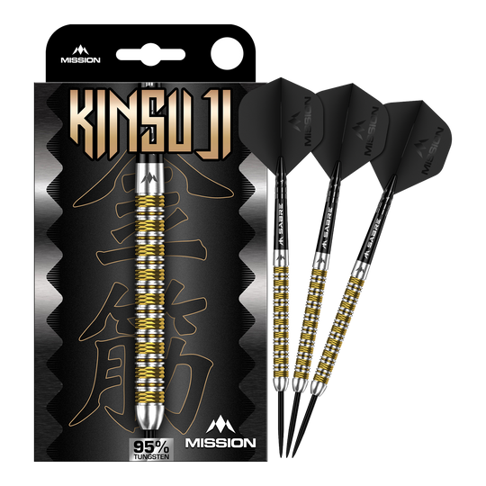 Mission Kinsuji Steeldarts Zu sehen ist ein Satz Mission Kinsuji Steeldarts. Die Dartpfeile sind vollständig dargestellt.
