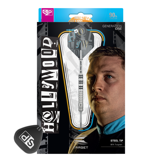 Target Chris Dobey GEN1 Swiss Point Steeldarts Auf der Verpackung ist ein Steeldart-Set mit dem Namen "Hollywood" abgebildet. Im Hintergrund sieht man das Porträt eines Mannes und den Hinweis, dass der Dart 90% Tungsten enthält.