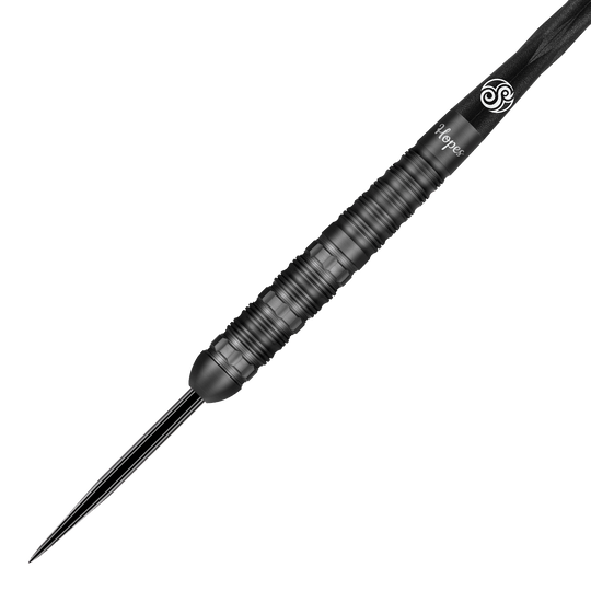 Fléchettes en acier Shot Pro-Series Haupai Puha 2 - 24 g Das Bild zeigt einen schwarzen Steeldart aus der Shot Pro-Series Haupai Puha 2 mit 24 Gramm Gewicht. Der Dartpfeil hat ein modernes, geriffeltes Design für besseren Halt.