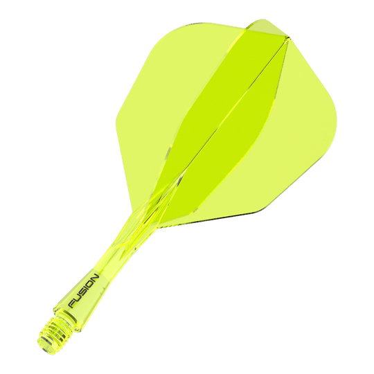 Système d'arbre de vol Winmau Fusion No6 Jaune fluo Das Bild zeigt ein neon-gelbes Dartflight- und Shafts-System. Auf dem Schaft steht das Wort "FUSION".