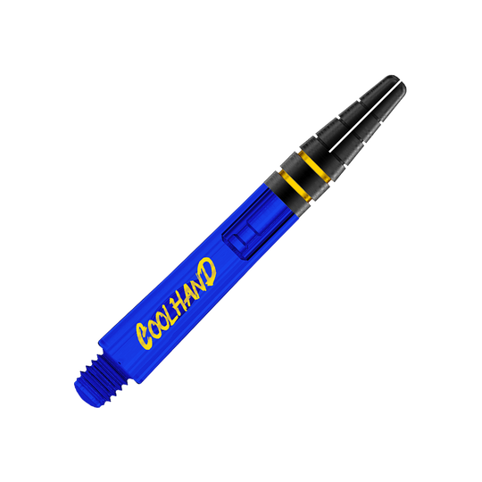 Tiges Red Dragon Nitrotech Luke Humphries Coolhand - Bleues Das Bild zeigt einen blauen Dart-Schaft mit der Aufschrift "COOLHAND" in gelber Schrift. Der Schaft hat am oberen Ende schwarze und gelbe Akzente.