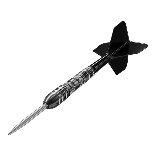 Fléchettes en acier Target Black Marque Dragon 3 Swiss Point Das Bild zeigt einen Target Black Marque Dragon 3 Swiss Point Steeldart. Der Dart ist schwarz-silber und hat eine scharfe Stahlspitze sowie schwarze Flügel.