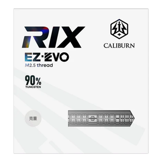 Zu sehen sind die Caliburn Rix EZ-EVO R1 Steeldarts. Diese Darts zeichnen sich durch ihr modernes Design und ihre hohe Qualität aus.