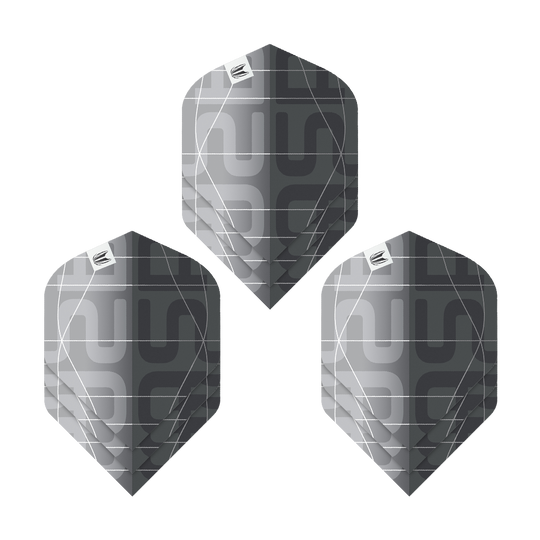 Volets standard Target Pro Ultra Aspinall X Echo No2 - 3 jeux Das Bild zeigt drei schwarze und graue Dartflights mit modernem Muster. Es handelt sich um das Produkt "Target Pro Ultra Aspinall X Echo No2 Standard Flights - 3 Sets".