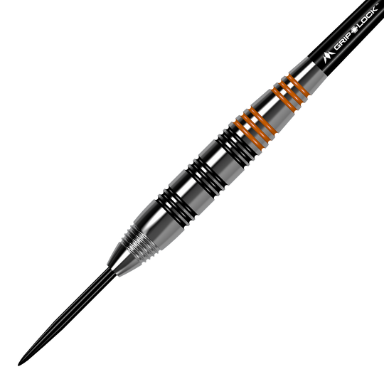 Fléchettes en acier laiton Mission Javan - 22 g Das Bild zeigt einen Mission Javan Brass Steeldart mit einem Gewicht von 22 Gramm. Der Dart hat silberne und schwarze Rillen sowie einige orangefarbene Ringe am Griff.