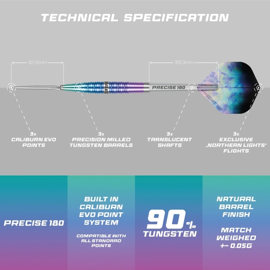Fléchettes en acier Precise 180 Northern Lights Zu sehen sind die Precise 180 Northern Lights Steeldarts. Diese Steeldarts überzeugen durch hochwertige Verarbeitung.
