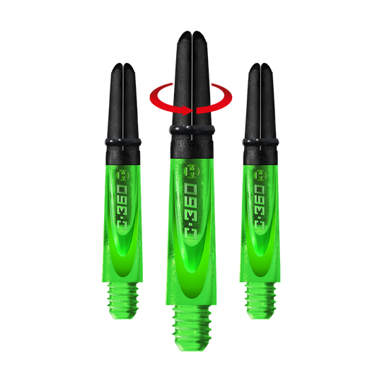 HR452_Harrows_Carbon_360_Shafts_Gr-n_35mm_1-_Symbol Auf dem Bild sind drei grüne Harrows Carbon 360 Shafts zu sehen. Sie sind für Dartpfeile und haben schwarze Oberteile.