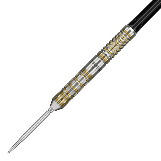 Fléchettes en acier Target Japan Black Marque Reyn GEN2 Das Bild zeigt einen eleganten Steeldart mit silbernen und goldenen Akzenten. Es handelt sich um das Produkt "Target Japan Black Marque Reyn GEN2 Steeldarts".