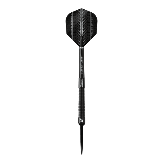 Fléchettes en acier Harrows Supergrip Black Edition Das Bild zeigt einen schwarzen Steeldart der Marke Harrows Supergrip Black-Edition. Der Dart hat ein elegantes, komplett schwarzes Design mit feinen silbernen Akzenten.