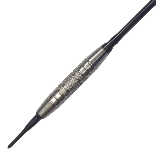 Fléchettes souples McDart 85 Tungstène V6 - 16 g Das Bild zeigt einen Softdart namens "McDart 85er Tungsten V6" mit einem Gewicht von 16 Gramm. Der Dart hat einen silbernen, strukturierten Griffbereich für besseren Halt.