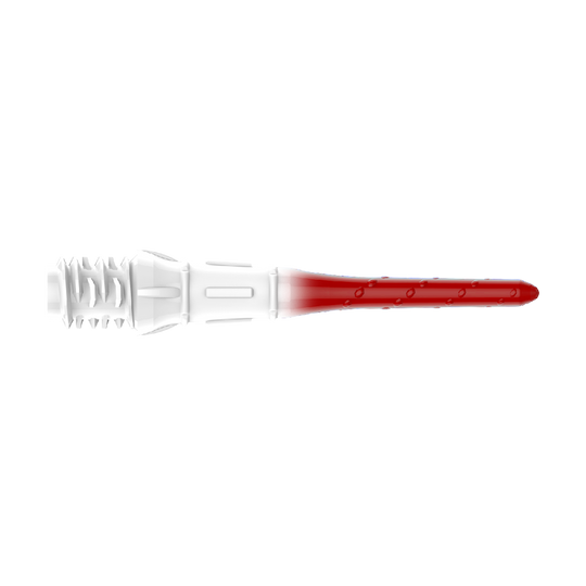 Embouts de lèvres dégradés L-Style Premium (paquet de 30) Das Bild zeigt eine Dartspitze mit einem Farbverlauf von Weiß zu Rot. Die Spitze hat ein gezacktes Gewinde auf der linken Seite und ist glatt auf der rechten Seite.