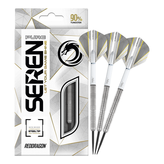 Auf dem Bild sind die Red Dragon Seren 1 Pure Steeldarts und ihre Verpackung zu sehen. Die Darts bestehen zu 90 % aus Tungsten und haben ein elegantes, silbernes Design.