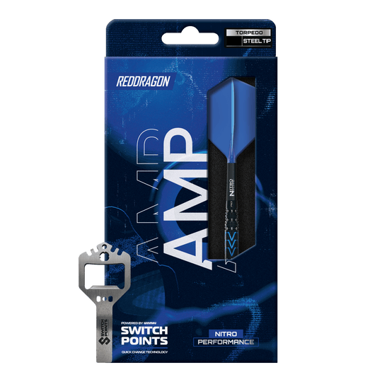 Das Bild zeigt die Red Dragon AMP Torpedo Switch Point Steeldarts. Die Darts haben ein modernes Design und sind für Präzisionswürfe geeignet.