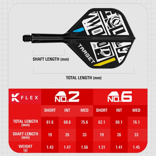 Système de tige de vol standard Target K-Flex Chris Dobey n° 2 Das Bild zeigt das Produkt "Target K-Flex Chris Dobey No2 Standard Flights" mit einer grafischen Darstellung und technischen Angaben. Es sind verschiedene Längen und Gewichte der Flights in einer Tabelle aufgeführt.