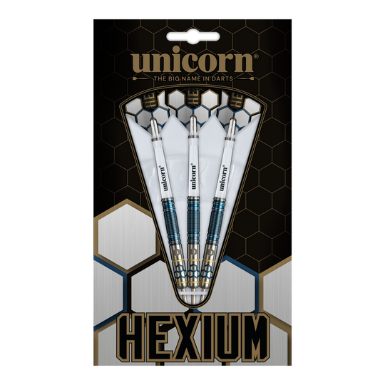 Fléchettes en acier Unicorn Hexium Style 02 bleues et dorées Das Bild zeigt die Unicorn Hexium Style 02 Blue & Gold Steeldarts. Die Darts sind in Blau und Gold designt.