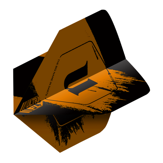 Vols Unicorn Ultrafly 100 Team Unicorn Big Wing - Orange Das Bild zeigt ein orangefarbenes Dart-Flight mit schwarzem Muster und dem Schriftzug „ULTRAFLY“. Das Produkt ist das „Unicorn Ultrafly 100 Team Unicorn Big Wing Flights – Orange“.