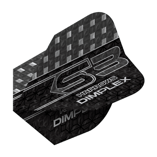 Vols Harrows Dimplex S3 - Smokey Das Bild zeigt ein Dart-Flügel mit dem Namen "Harrows Dimplex S3 Flights - Smokey". Das Design ist überwiegend schwarz mit silbernen Mustern und Schriftzügen.