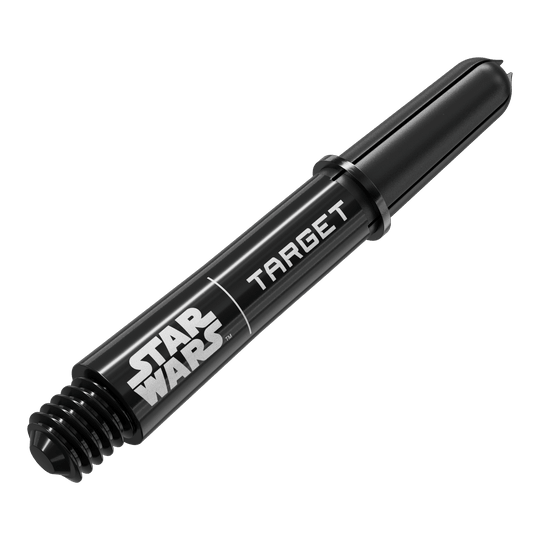 Das Bild zeigt das Produkt mit dem Dateinamen 380420_Target_StarWars_ProGrip_Shafts_Schwarz_Short_34mm_2. Es handelt sich wahrscheinlich um schwarze, kurze Dartshafts mit Star Wars-Design.