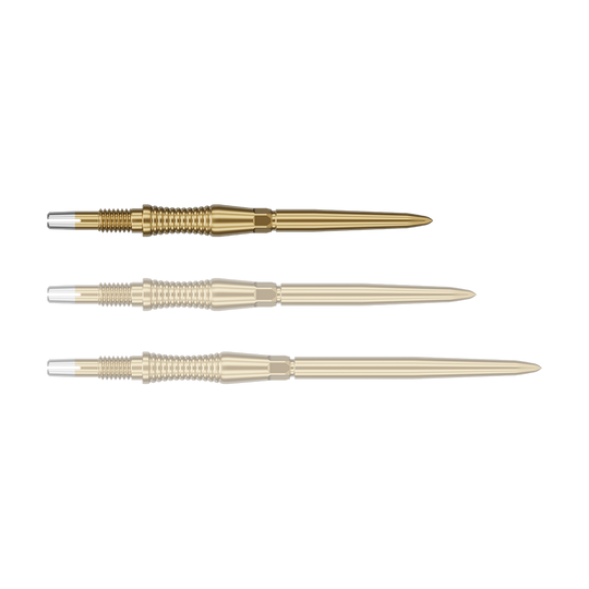 Embouts de fléchettes Target Swiss Point Signature RST - Or Das Bild zeigt eine Darts-Spitze von Target in Gold, vermutlich aus der Swiss Point Signature RST Serie mit 30mm Länge. Die Spitze hat ein detailliertes Design und reflektiert das Licht.