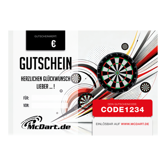 Bon d'achat - Cibles de fléchettes Das Bild zeigt einen Geschenkgutschein für Dartboards von McDart.de. Auf dem Gutschein sind mehrere Dartboards sowie ein Gutscheincode abgebildet.