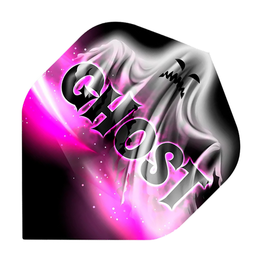 Mission Solo Bailey Marsh No2 Vols Standard Das Bild zeigt ein Dartflight mit einem Geistermotiv und dem Wort "GHOST" groß darüber geschrieben. Die Farben sind hauptsächlich Schwarz, Weiß und Pink.