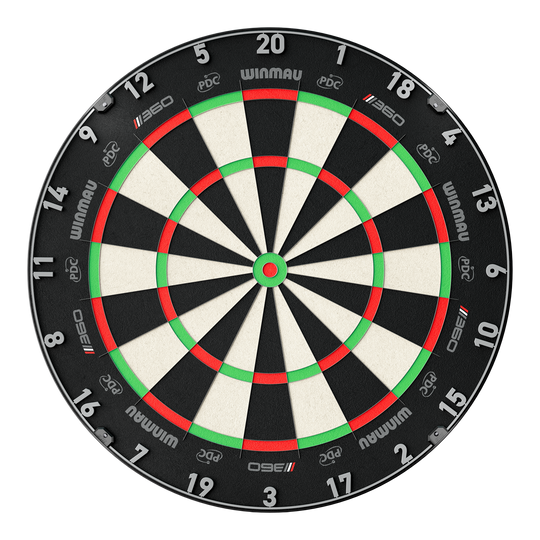 Cible de fléchettes en acier Winmau Blade 6 Triple Core 360 Das Bild zeigt das Winmau Blade 360 Steeldartboard. Es handelt sich um ein modernes Steeldartboard für Dartspieler.