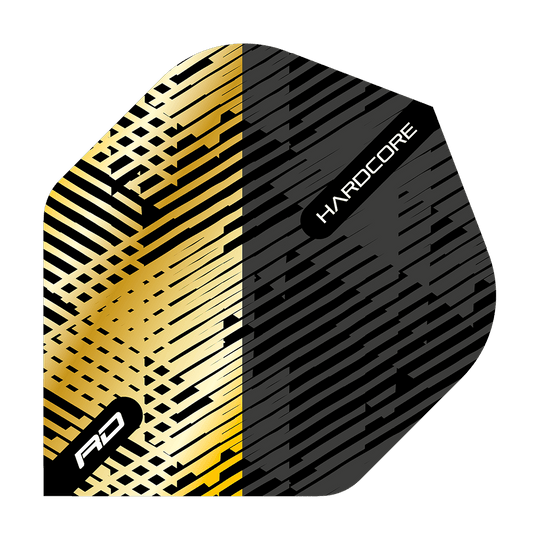 Dieses Bild zeigt ein Dartflight mit einem auffälligen Design in Gold und Schwarz. Auf dem Flight sind die Worte „RD“ und „HARDCORE“ zu sehen.