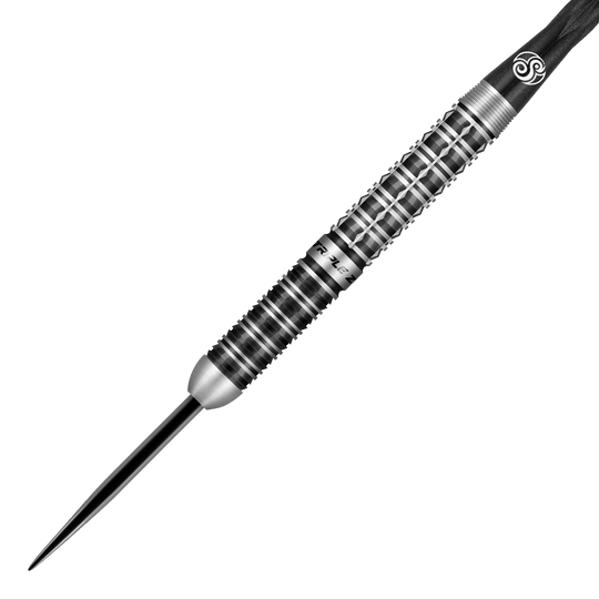 Fléchettes en acier Shot Niels Zonneveld V2 Das Bild zeigt einen Shot Niels Zonneveld V2 Steeldart. Der Dart hat ein silber-schwarzes, geriffeltes Design für besseren Halt.