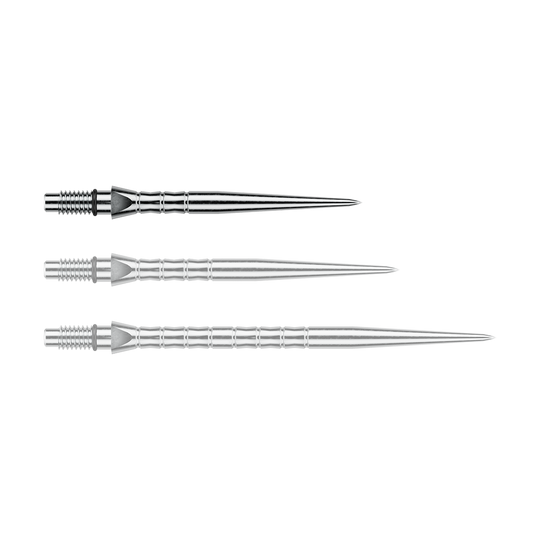 Pointes de fléchettes en acier Winmau Switch Point Wave - Effet argent Das Foto zeigt Winmau Switch Point Wave Silver Effect Steeldartspitzen mit 26 mm. Die silberfarbenen Steeldartspitzen sind in der Nahaufnahme sichtbar.