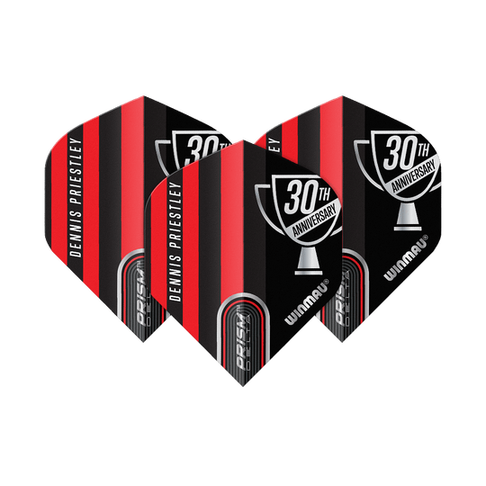 Vols standard Winmau Prism Delta Dennis Priestley Diamond 3-Zero No2 Das Bild zeigt drei Dartflights der Marke Winmau in rot-schwarzem Design. Auf den Flights steht "Dennis Priestley" und "30th Anniversary".