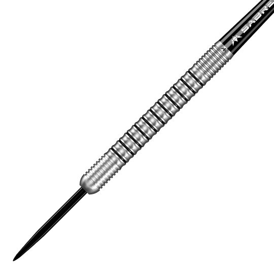 Dieses Bild zeigt einen Mission Dominik Grüllich Steeldart mit einem Gewicht von 23,5 Gramm. Der Dart ist aus silberfarbenem Metall und hat ein geriffeltes Griffstück.