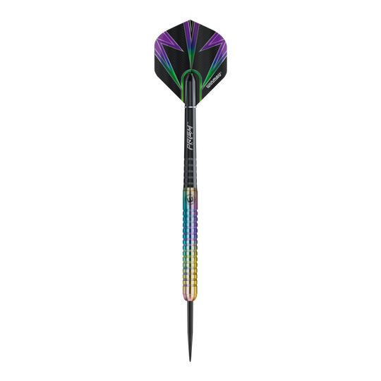 Fléchettes en acier Winmau Foxfire Urban Das Bild zeigt einen Winmau Foxfire Urban Steeldart mit buntem Schaft und moderner Optik. Die Flight ist schwarz mit lila und grünen Akzenten gestaltet.