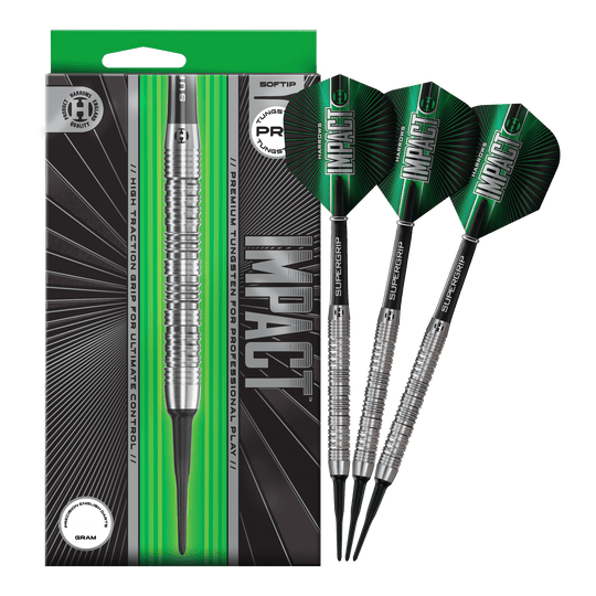 Fléchettes souples Harrows Impact Auf dem Bild sind die Harrows Impact Softdarts komplett abgebildet. Das gesamte Produkt wird dargestellt.