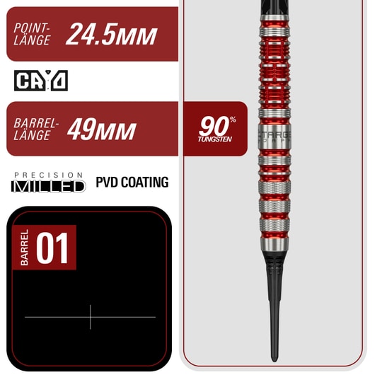 Fléchettes souples Target Black Marque Spinel - 21,5 g Zu sehen sind die Target Black Marque Spinel Softdarts mit 21,5g Gewicht. Perfekt geeignet für anspruchsvolle Dartspieler.