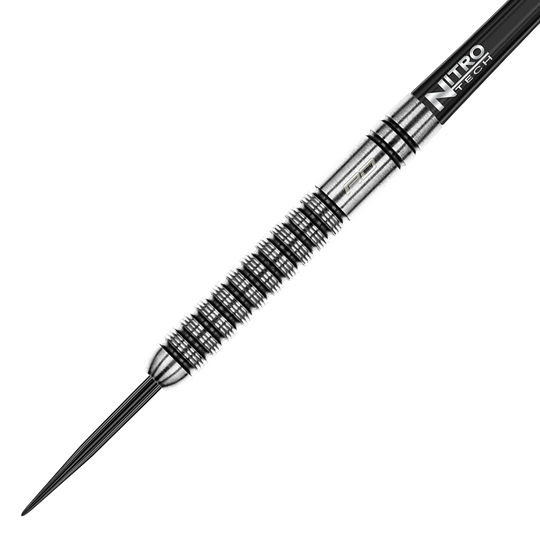 Das Bild zeigt einen Red Dragon Gian Van Veen Steeldart mit einem Gewicht von 21g. Der Dart ist silberfarben mit schwarzem Griffmuster und besitzt einen „Nitro Tech“-Schaft.