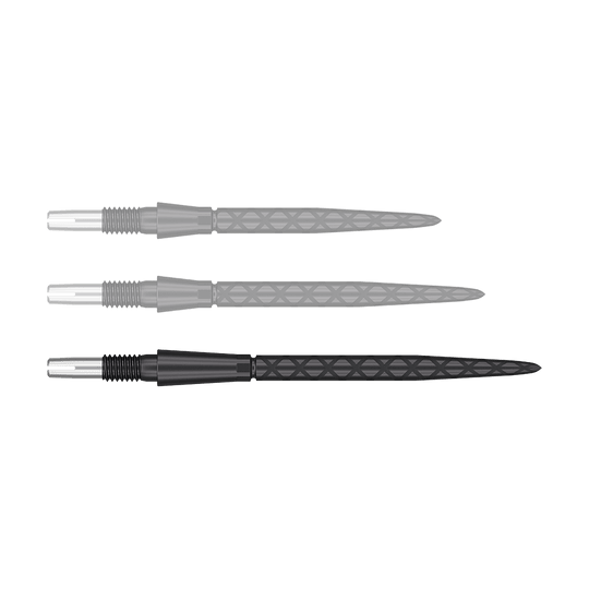 Pointes de fléchettes Target Swiss Storm Diamond Point - Noires Auf dem Bild sind drei schwarze Dartspitzen mit diamantförmigem Muster zu sehen. Sie liegen parallel nebeneinander auf weißem Hintergrund.