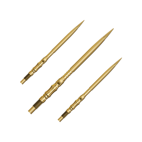 Pointes de fléchettes Harrows Quick Point Axis Elite Series - Or Ein Set von mehreren goldfarbenen Dartspitzen liegt nebeneinander. Die Spitzen sind gut sortiert und übersichtlich angeordnet.