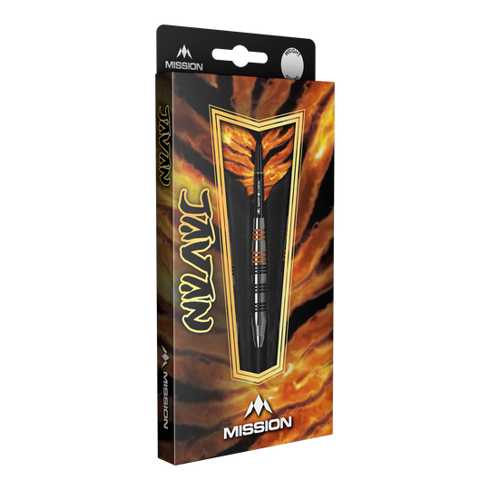 Fléchettes en acier laiton Mission Javan - 22 g Die Abbildung zeigt die Verpackung der Mission Javan Brass Steeldarts mit einem Gewicht von 22g. Das Design ist auffällig und besitzt feurige Farben mit dem Produkt im Vordergrund.