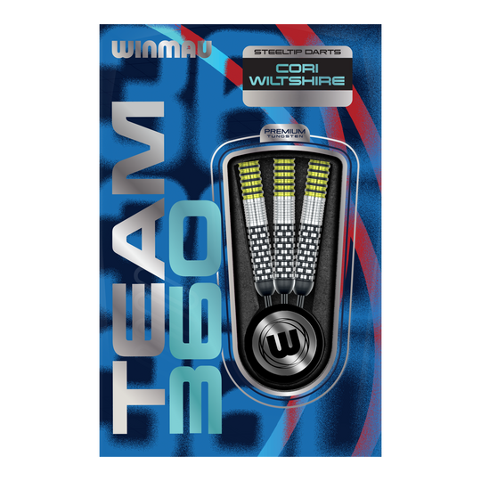 Fléchettes en acier Winmau Team 360 Cori Wiltshire - 24 g Gezeigt werden die Winmau Team 360 Cori Wiltshire Steeldarts, 24g schwer. Die Darts bieten hervorragende Kontrolle und Präzision beim Spielen.