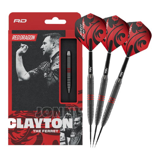Fléchettes en acier Red Dragon Jonny Clayton Core Brass - 21 g Dieses Bild zeigt die Red Dragon Jonny Clayton Core Brass Steeldarts - 21g in voller Länge. Die Darts haben goldene Rillen und rote sowie schwarze Details am Flight.
