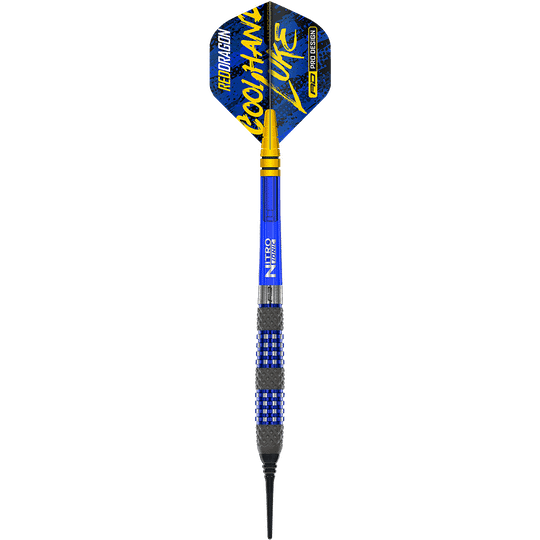 RD2563_Red_Dragon_Luke_Humphries_TX2_Atomised_Softdarts_1xvhtmXX0hvoVu Der Bild zeigt einen Red Dragon Luke Humphries TX2 Atomised Softdart mit einem Gewicht von 18g. Der Dart hat blaue und gelbe Akzente sowie eine schwarze Spitze.