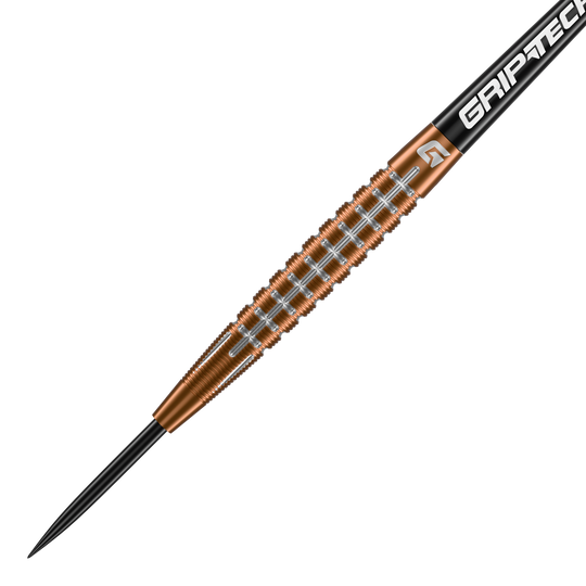 Fléchettes en acier tungstène GOAT Quarterback V1 Das Bild zeigt einen GOAT Quarterback V1 Tungsten Steeldart. Der Dart hat einen goldenen, geriffelten Schaft und eine schwarze Spitze.