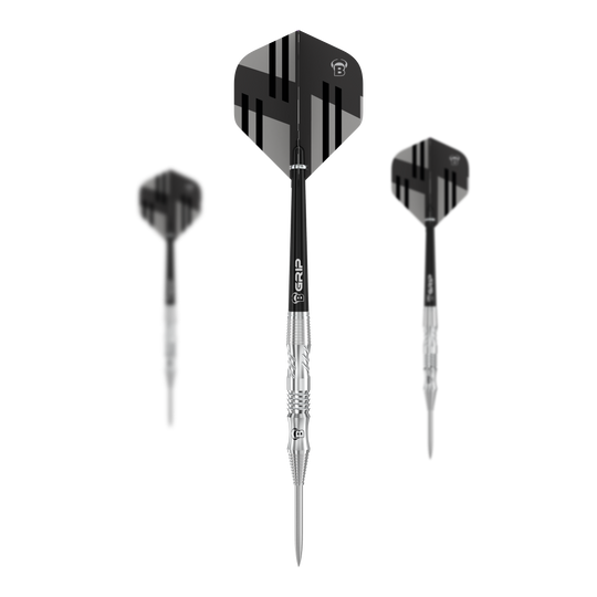 Fléchettes en acier Bulls Tac T1 Das Bild zeigt drei Bulls Tac T1 Steeldarts mit silbernen Spitzen und schwarzem Flight. Die Flights haben ein modernes, schwarz-graues Streifendesign.