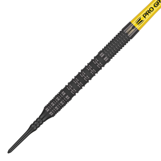 Target Bolide Void 10 fléchettes souples Das Bild zeigt einen Target Bolide Void 10 Softdart mit einer schwarzen, strukturierten Spitze. Am oberen Ende ist ein gelber Schaft mit der Aufschrift "Pro Grip" zu sehen.