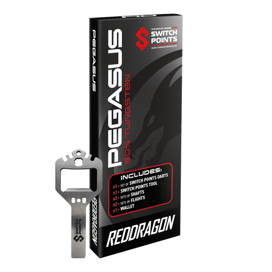 Fléchettes en acier Red Dragon Pegasus Switch Point Das Bild zeigt die Red Dragon Pegasus Switch Point Steeldarts. Die Pfeile sind hochwertig verarbeitet und ideal für Turniere geeignet.
