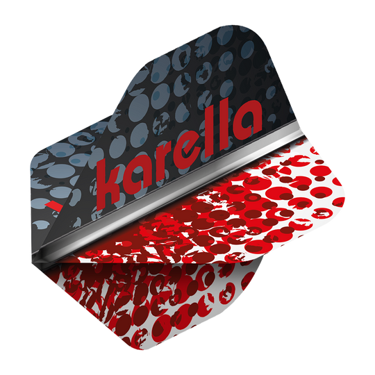 8032-12_Karella_XT-5_No2_Standard_Flights_2 Das Bild zeigt das Produkt "Karella XT-5 No2 Standard Flights". Es hat ein modernes Design mit schwarzen, grauen und roten Punkten und dem roten Schriftzug "karella".