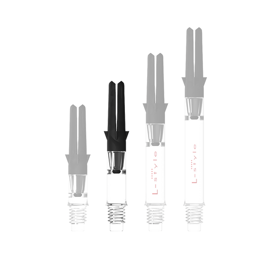 Tige de direction en L en carbone Silent Straight - Transparent Abbildung mit dem Namen L-Style L-Shaft Carbon Silent Straight Clear OhneKappen 32mm 1. Es handelt sich wahrscheinlich um einen Schaft für Dartpfeile.