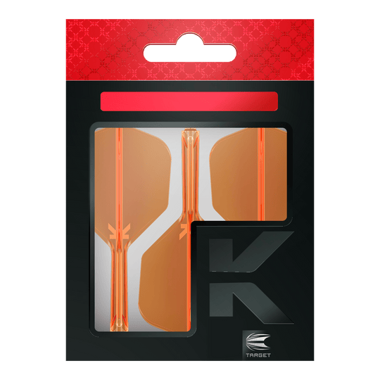 Système de vol Target K-Flex No6 - Orange fluo Die Verpackung zeigt drei neonorange Dart-Flights der Marke Target. Das Design ist modern mit einem schwarz-roten Hintergrund und einem großen "K" auf der Vorderseite.